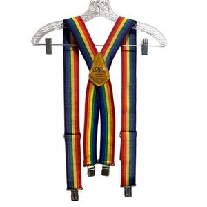 Vintage 80s Rainbow Suspenders 110 Leather Back Metal Clips Pridecore Punk Retro